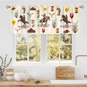 Western Cowboy Kitchen Valance, Wild West Rustic Farmhouse Cow Boys Ride Horse Cow Desert Rural Rod Pocket Small Short Window Curtains for Cafe Living Room Bedroom Cabinet Bathroom, 54"x18" Inch in Saudi Arabia