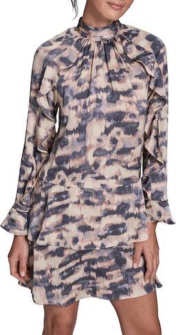 BCBG Women's Long Sleeve Tiered Printed Aline High Neck Dress in Kuwait