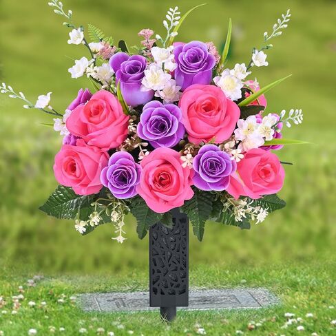 مارتين مول 2 مجموعتين من زهور المقبرة الاصطناعية للقبر، زهور قبر واقعية للمقبرة مقاومة للأشعة فوق البنفسجية وزهور يوم الذكرى الحريرية مع مزهرية لتزيين المقبرة (ألوان مختلطة) in Kuwait