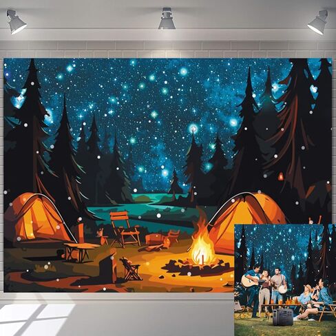 7x5ft خلفية مشهد الغابات التخييم، خلفية التصوير الفوتوغرافي التخييم للأطفال البالغين، التخييم عيد ميلاد حزب راية الزينة، خيمة النار صورة تبادل لاطلاق النار الخلفيات (البوليستر) in Kuwait