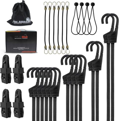 28 قطعة من حبال بنجي من بولاربير مع خطافات بأحجام متنوعة - 10 بوصة و18 بوصة و24 بوصة و31 بوصة و40 بوصة من الحبال الفولاذية المطلية بالبلاستيك - مع 4 مشابك قماش القنب/4 أسلاك كروية/حقيبة تخزين - تستخدم للنقل والتحريك والبضائع الثابتة (أسود) in Kuwait