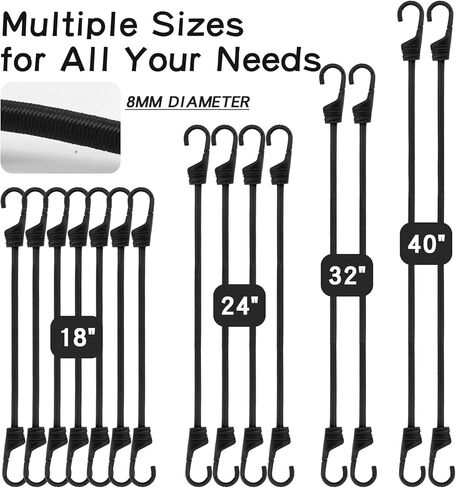 28 قطعة من حبال بنجي من بولاربير مع خطافات بأحجام متنوعة - 10 بوصة و18 بوصة و24 بوصة و31 بوصة و40 بوصة من الحبال الفولاذية المطلية بالبلاستيك - مع 4 مشابك قماش القنب/4 أسلاك كروية/حقيبة تخزين - تستخدم للنقل والتحريك والبضائع الثابتة (أسود) in Kuwait