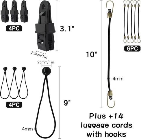 28 قطعة من حبال بنجي من بولاربير مع خطافات بأحجام متنوعة - 10 بوصة و18 بوصة و24 بوصة و31 بوصة و40 بوصة من الحبال الفولاذية المطلية بالبلاستيك - مع 4 مشابك قماش القنب/4 أسلاك كروية/حقيبة تخزين - تستخدم للنقل والتحريك والبضائع الثابتة (أسود) in Kuwait