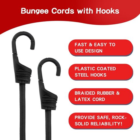 28 قطعة من حبال بنجي من بولاربير مع خطافات بأحجام متنوعة - 10 بوصة و18 بوصة و24 بوصة و31 بوصة و40 بوصة من الحبال الفولاذية المطلية بالبلاستيك - مع 4 مشابك قماش القنب/4 أسلاك كروية/حقيبة تخزين - تستخدم للنقل والتحريك والبضائع الثابتة (أسود) in Kuwait