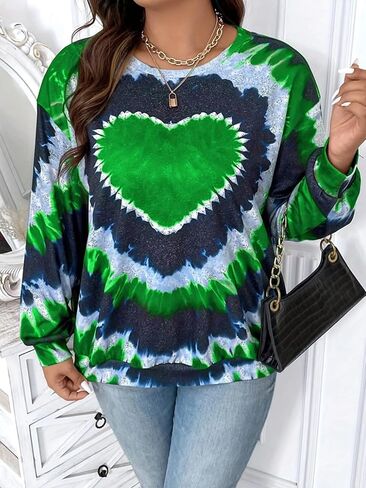 Women's Tie Dye Heart Print Sweatshirt Oversized Long Sleeve Casual Pullover Top in Saudi Arabia