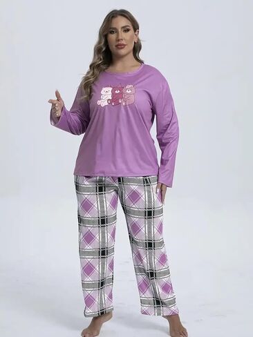 Plus-Size Women's Long-Sleeved Pajama Set, Round Neck, Soft Fabric, Elastic Waistband, Comfortable Women's Loungewear in Saudi Arabia
