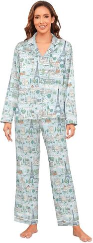 ALAZA Paris Eiffel Tower Castle Women's Satin Pajama Set Long Sleeve Button Down Sleepwear in Saudi Arabia