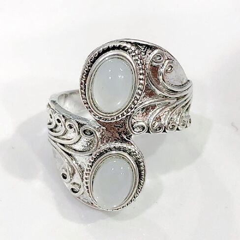 Creative Double Gem Ring Ripple Pattern Exotic Features Opening Personality Unique Design Ring Handmade Grinding Jewelry Charming Temperament Fashion Trend National Style Ring in Kuwait