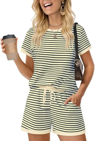 Marvmys Womens Pajamas Set 2 Piece Striped Pj Set Soft Pajamas Casual Short Sleeve Top and Shorts Sleepwear Set S-2XL in Kuwait