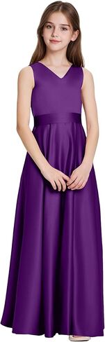 Satin Flower Girl Dresses Junior Bridesmaid Dress for Wedding V Neck Formal Dresses Gown Pageant with Belt in Kuwait
