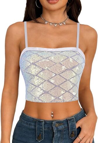 Erinaco المرأة مجموعة ترتر براقة المحاصيل الأعلى سباركلي حورية البحر تانك القمم حريري الساتان الخامس الرقبة السباغيتي حزام بروتيل in Kuwait