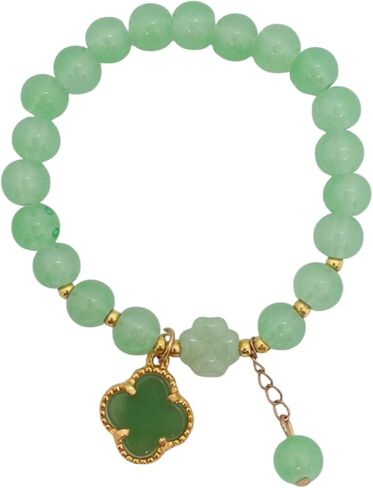 Lucky&Store GREEN 8mm Agate/Clover Leaf Stretch Bracelet in Gold Plated. Apple Green Agate 8mm Round Bracelet. Agate Bracelet. Clover Leaf Agate LOVER. in Saudi Arabia