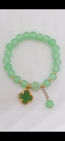 Lucky&Store GREEN 8mm Agate/Clover Leaf Stretch Bracelet in Gold Plated. Apple Green Agate 8mm Round Bracelet. Agate Bracelet. Clover Leaf Agate LOVER. in Saudi Arabia