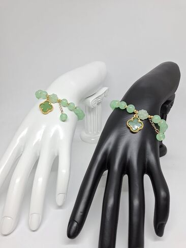 Lucky&Store GREEN 8mm Agate/Clover Leaf Stretch Bracelet in Gold Plated. Apple Green Agate 8mm Round Bracelet. Agate Bracelet. Clover Leaf Agate LOVER. in Saudi Arabia