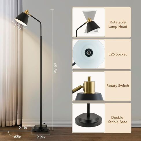 65.3" Modern Floor Lamps for Living Room, Black Floor Lamp for Bedroom, Dual-Base Industrial Standing Lamp, Adjustable-Head Corner Lamp, Tall Lamp, Living Room Light, Bulb Included, Black in Saudi Arabia