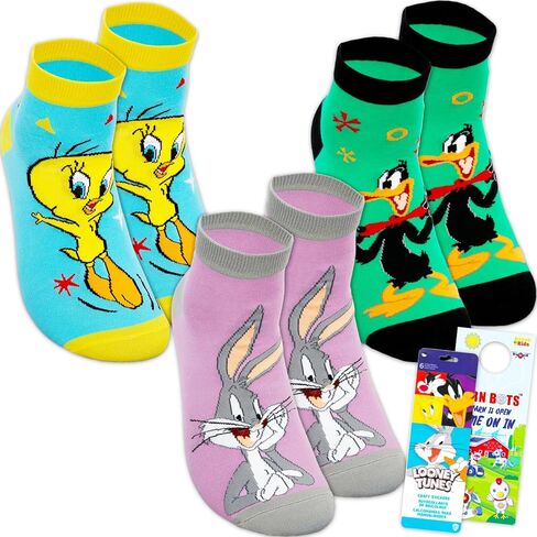 Looney Tunes Gripper Socks for Women - Bundle with 3 Pairs of Non-Slip Ankle Socks Featuring Tweety Bird, Bugs Bunny, More Plus Stickers | Looney Tunes Apparel Gift Set for Teens, Girls in Kuwait