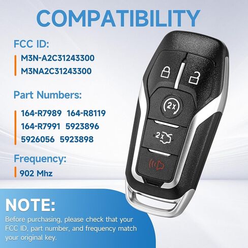 Key Fob Replacement Fit for Ford Edge Mustang 2015-2017,Explorer 2016-2017,Fusion 2013-2016,Lincoln MKZ 2013-2016,MKC 2014-2016,MKX-2016-2019,Smart Car Keyless Entry Remote Frequency:902Mhz 164-R7989 in Kuwait