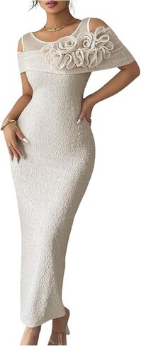 OYOANGLE Women's 3D Floral Cold Shoulder Bodycon Long Dress Short Sleeve Party Night Out Dresses in Saudi Arabia