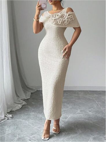 OYOANGLE Women's 3D Floral Cold Shoulder Bodycon Long Dress Short Sleeve Party Night Out Dresses in Saudi Arabia