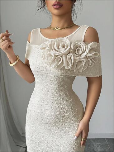 OYOANGLE Women's 3D Floral Cold Shoulder Bodycon Long Dress Short Sleeve Party Night Out Dresses in Saudi Arabia