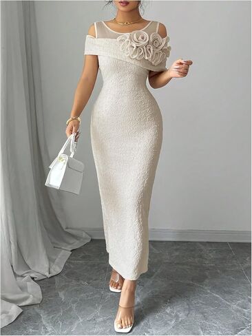 OYOANGLE Women's 3D Floral Cold Shoulder Bodycon Long Dress Short Sleeve Party Night Out Dresses in Saudi Arabia