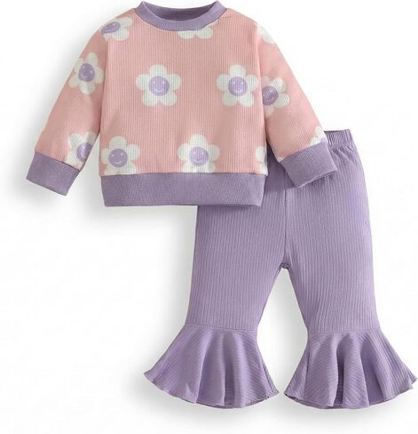 Baby Girl Fall Outfit Toddler Girl Winter Clothes Baby Lantern Sleeve Tops and Flared Pants 2pcs Waffle Clothing Set in Saudi Arabia