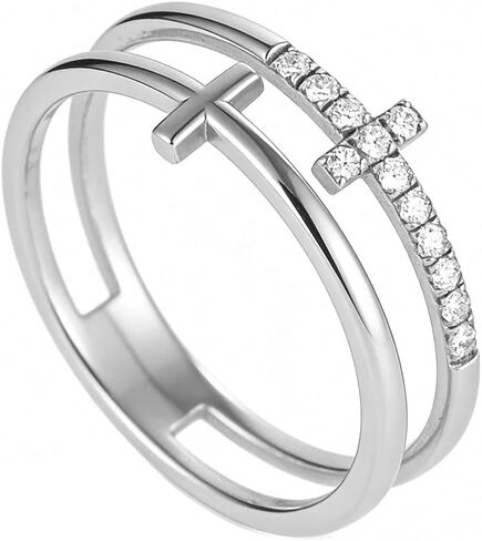 Double Cross Ring 18k Gold Plated 925 Sterling Silver Cubic Zirconia Simple Plain Stackable Statement Promise Rings Inspiration Christian Ring Faith Hope Love Cross Religious Ring Gift (Silver 9#) in Kuwait