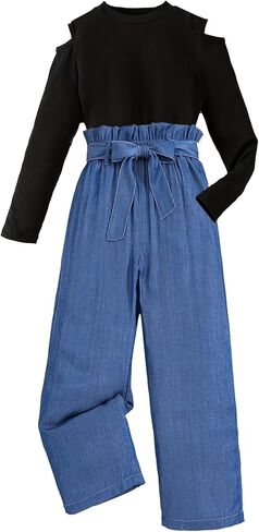 طقم بناتي مكون من قطعتين، بلوزة وسروال بحواف سباغيتي مكشوفة الكتفين على شكل فراشة، للأعمار من 7 إلى 13 سنة in Kuwait