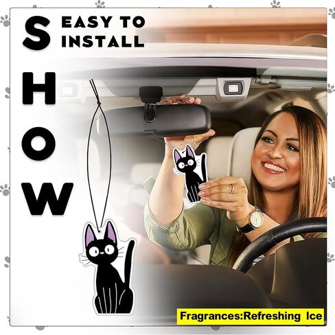 Pounchi Cute Black Cat Car Air Freshener Cards (8 Pack Refreshing Ice Scent) Anime Accessories for Car Interior Hanging Gift Rearview Pendant Supplies in Saudi Arabia