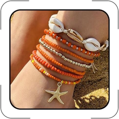 CSIYANJRY99 Shell Starfish Anklets Bracelet 7pcs Boho Seashell Beaded Anklet Hawaii Summer Beach Waterproof Surfer Starfish Anklets for Women in Kuwait