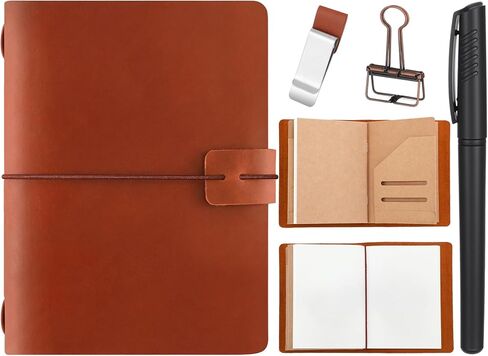 Thenshop Travelers Refillable Leather Journal Notebook 5.3 x 4.1 Inch Brown Travel Diary Handmade Passport Travelers Journal for Men and Women with 3 Notebook Inserts, Pen Holder, Binder Clip in Saudi Arabia