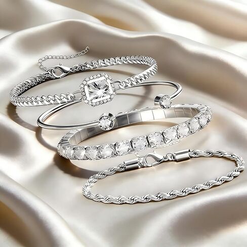 Bangle Bracelet for Women, 4 Pcs Dainty Bracelets Set, 14K Adjustable Layering Chain (Silvery) in Saudi Arabia
