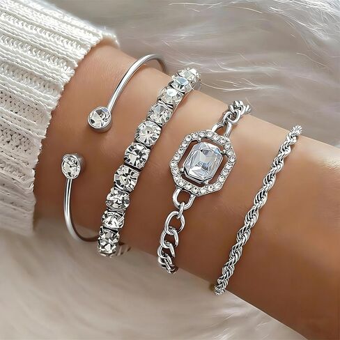 Bangle Bracelet for Women, 4 Pcs Dainty Bracelets Set, 14K Adjustable Layering Chain (Silvery) in Saudi Arabia