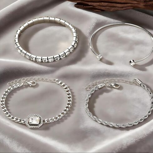 Bangle Bracelet for Women, 4 Pcs Dainty Bracelets Set, 14K Adjustable Layering Chain (Silvery) in Saudi Arabia