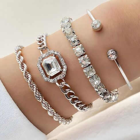 Bangle Bracelet for Women, 4 Pcs Dainty Bracelets Set, 14K Adjustable Layering Chain (Silvery) in Saudi Arabia