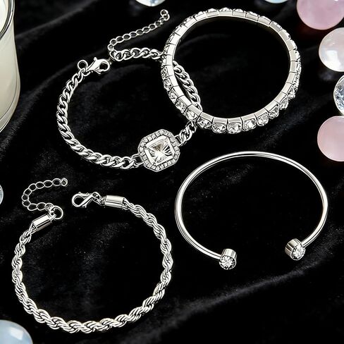 Bangle Bracelet for Women, 4 Pcs Dainty Bracelets Set, 14K Adjustable Layering Chain (Silvery) in Saudi Arabia
