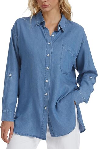 قميص نسائي من قماش الدنيم اللايوسل بأزرار سفلية وأكمام طويلة وبلوزة شامبراي خفيفة الوزن من قماش اللايوسل in Kuwait