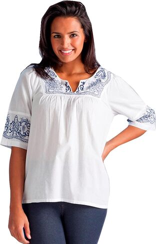 LA CERA Women's Plus Size White Cotton Embroidered Blouse, 3/4 Sleeve, Yoke Top Navy Embroidered Neckline, Machine Washable in Saudi Arabia