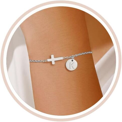 18K Gold Plated Cross Bracelet for Women | Cute Small Cross Bracelets with Initial Charm (A-Z) | Christian Baptism, Easter, Birthday Gift for Her in Kuwait