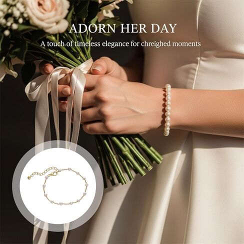 8 Pcs Imitation Pearl Bracelet Set with Light Yellow Velvet Bags, Dainty Beaded Chain Bracelet for Bridesmaid Gifts, Adjustable 5.9+2 in Bracelet for Bridal Wedding Party Favor in Kuwait