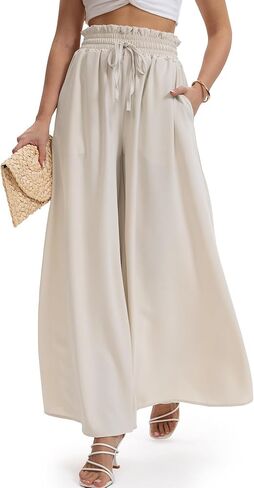 HONGTEYA Women's Wide Leg Palazzo Pants Flowy Summer Loose Beach Pants with Pockets Elastic High Waist Pants in Kuwait