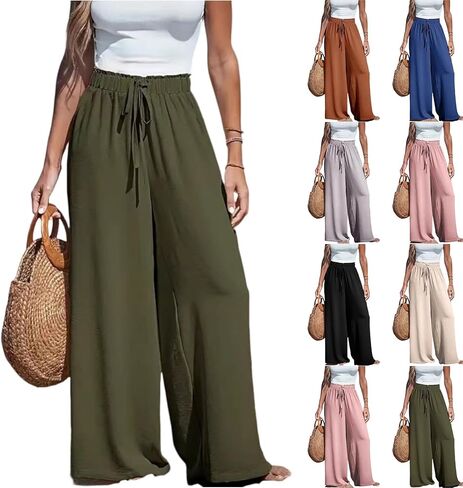 Palazzo Pants for Women Elastic Waist Drawstring Wide Leg Flowy Pants Trendy Vacation High Waisted Womens Slacks in Saudi Arabia