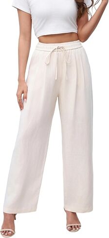 Love Welove Fashion Linen Pants Women – 100% Linen Wide Leg Pants, Elastic Waist Drawstring, Summer Casual Plus Size 3XL in Kuwait