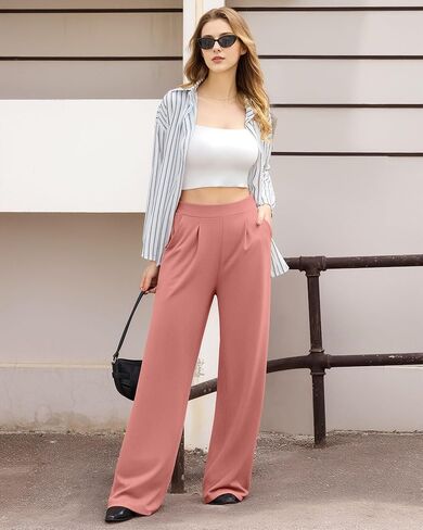 Women's High Waisted Waffle Knit Pants - Tummy Control, Loose Fit，Stretch Wide Leg, Dressy Casual in Saudi Arabia