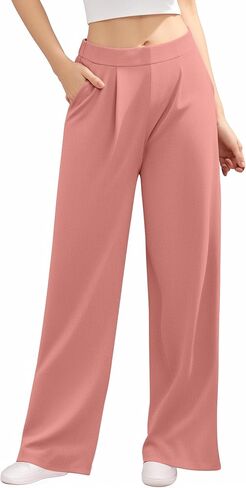 Women's High Waisted Waffle Knit Pants - Tummy Control, Loose Fit，Stretch Wide Leg, Dressy Casual in Saudi Arabia