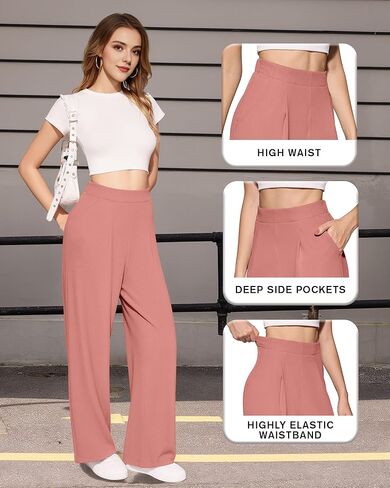 Women's High Waisted Waffle Knit Pants - Tummy Control, Loose Fit，Stretch Wide Leg, Dressy Casual in Saudi Arabia
