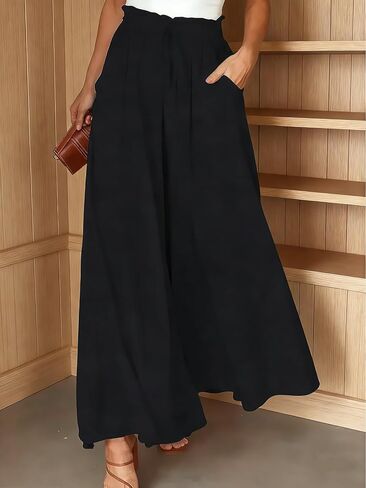 Womens Elastic High Waist Wide Leg Pants, Plus Size Drawstring Flowy Palazzo Casual Trousers with Pockets in Saudi Arabia