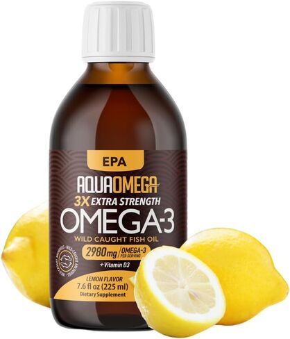 سائل زيت السمك AquaOmega 3X ذو القوة الإضافية EPA أوميغا 3 مع EPA وDHA وفيتامين D - مكملات زيت السمك البري أوميغا 3 - 2980 مجم من تركيبة خالية من التجشؤ - 15.22 أونصة سائلة من الليمون in Saudi Arabia
