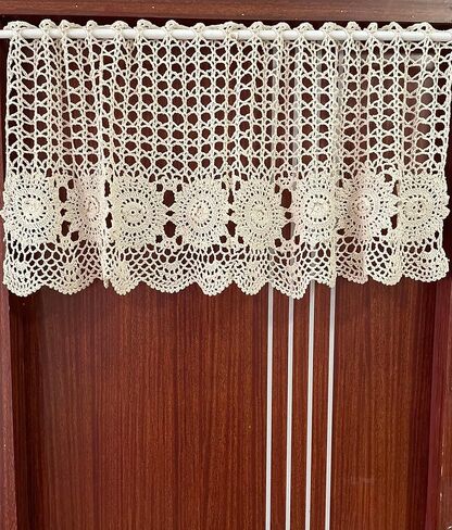 MINDPLUS Hand Crocheted Window Valance Lace Cotton Kitchen Cafe Short Curtain Farmhouse Hollow Window Decoration (Beige, 39" W X 15.7" L) in Kuwait