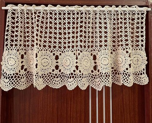 MINDPLUS Hand Crocheted Window Valance Lace Cotton Kitchen Cafe Short Curtain Farmhouse Hollow Window Decoration (Beige, 39" W X 15.7" L) in Kuwait